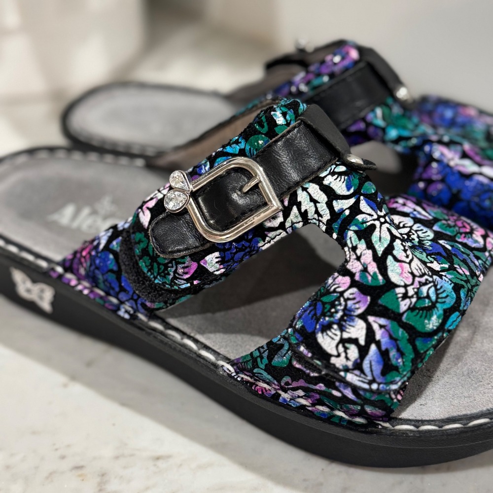 Alegria Peggy Sandals Size 38 Black Purple Floral Leather Slides Comfort Buckle - Picture 2 of 9